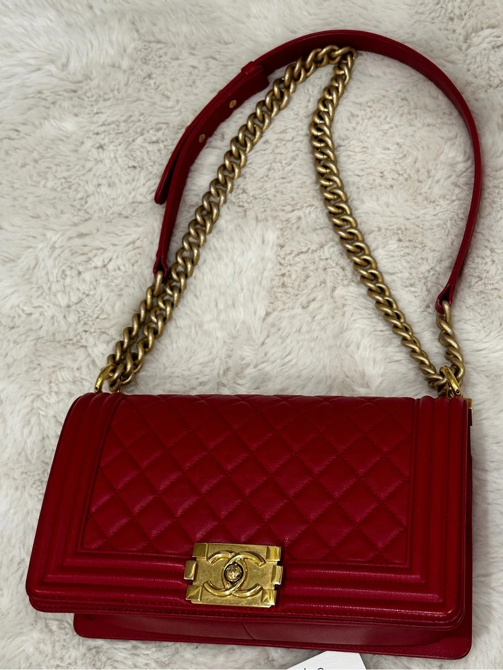 CHANEL Red Quilted Crossbody with Gold Chain Strap